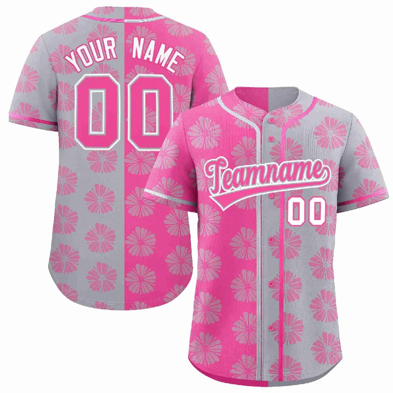 Custom Pink Light Gray Split Fashion Flower Graffiti Pattern Authentic Baseball Jersey Traditional Men's Wool