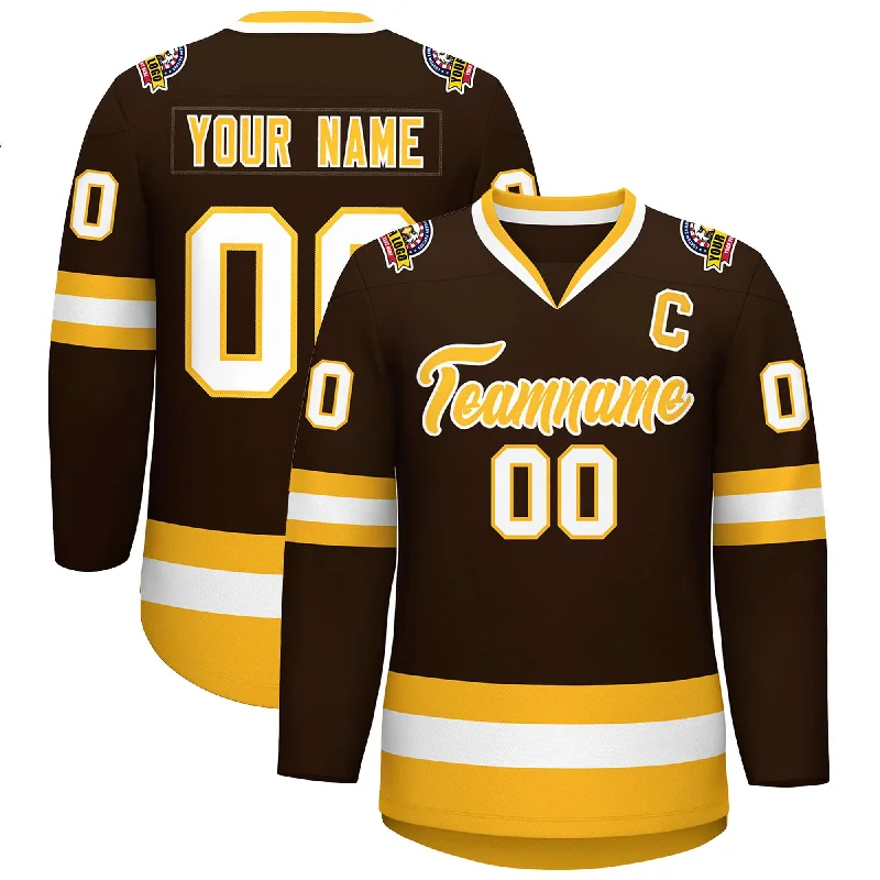 Custom Brown Gold-White Classic Style Hockey Jersey Polished Men's Satin