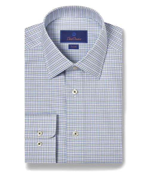 David Donahue Grass & Blue Twill Check Dress Shirt (Trim Fit) Unique Men's Patch