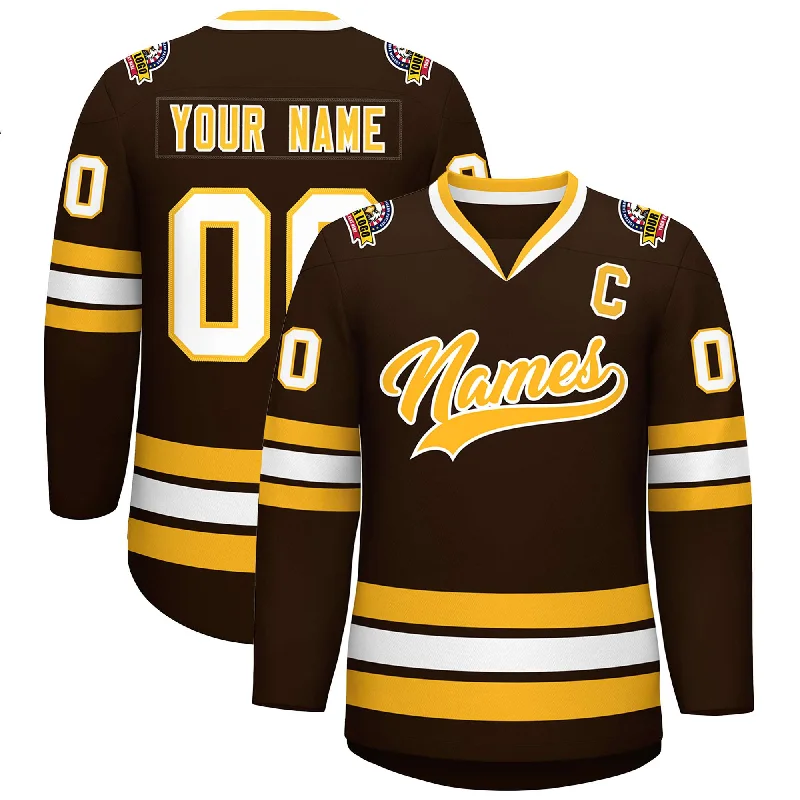 Custom Brown Gold-White Classic Style Hockey Jersey Dynamic Men's High