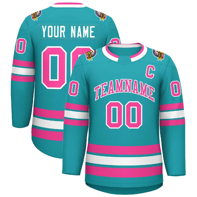 Custom Aqua Pink-White Classic Style Hockey Jersey Masculine Men's Thick