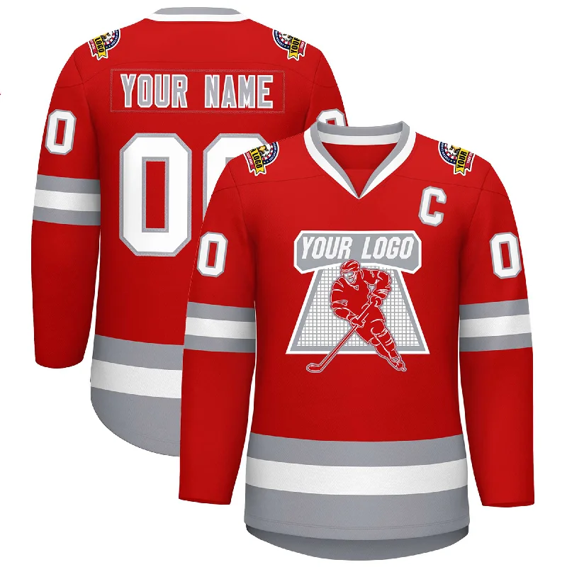 Custom Red White Red-Gray Classic Style Hockey Jersey Tailored