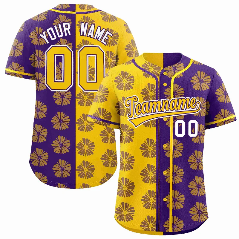 Custom Gold Purple Split Fashion Flower Graffiti Pattern Authentic Baseball Jersey Dapper Men's Bow