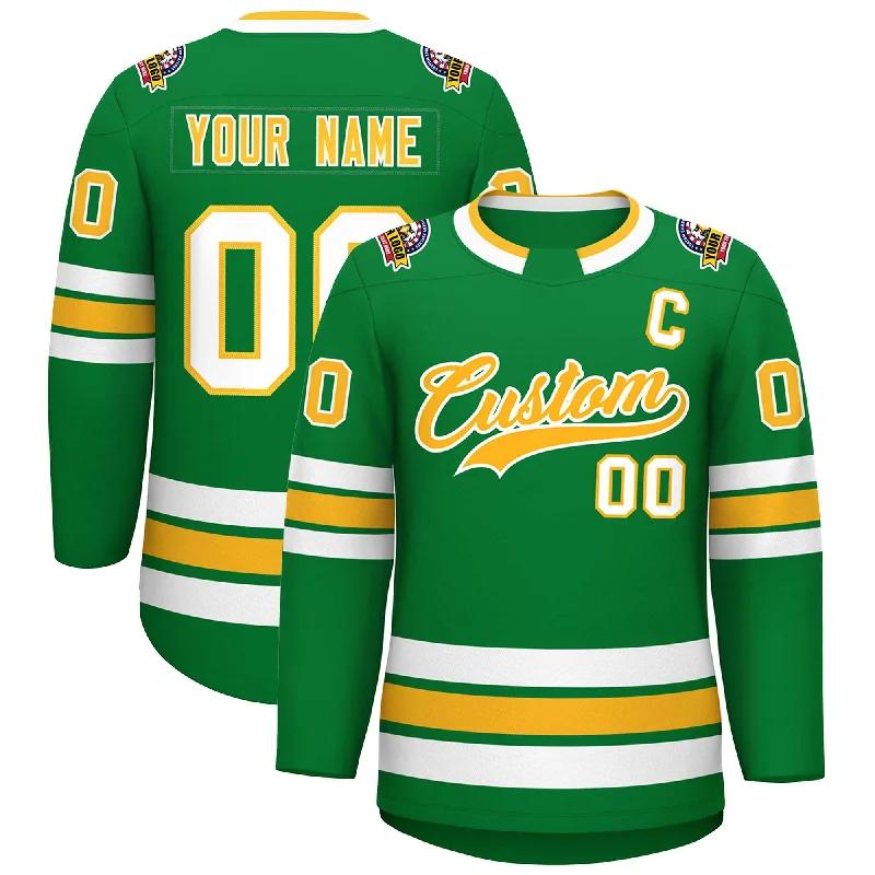 Custom Kelly Green Gold-White Classic Style Hockey Jersey Trendy Men's Bucket