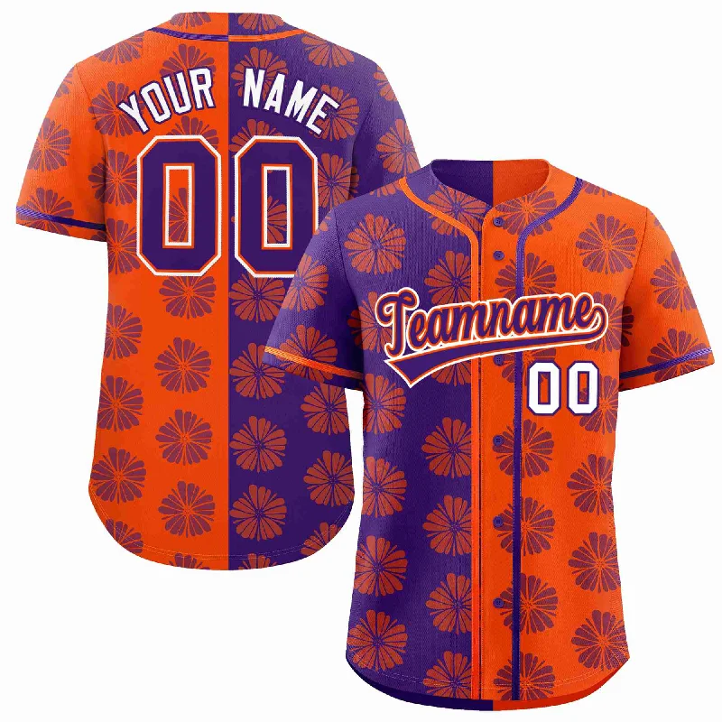 Custom Purple Orange Split Fashion Flower Graffiti Pattern Authentic Baseball Jersey Tough Men's Tactical