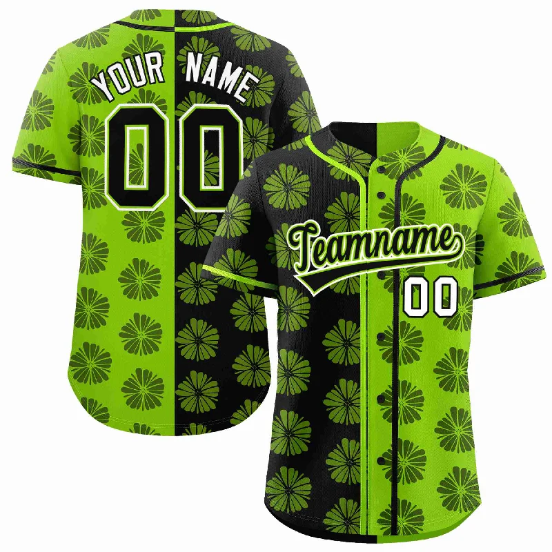 Custom Black Neon Green Split Fashion Flower Graffiti Pattern Authentic Baseball Jersey Practical Men's Multi