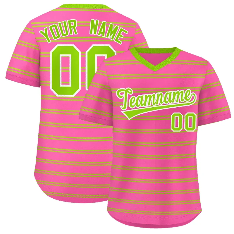 Custom Pink Neon Green Personalized Horizontal Stripe Authentic Pullover Baseball Jersey Laid