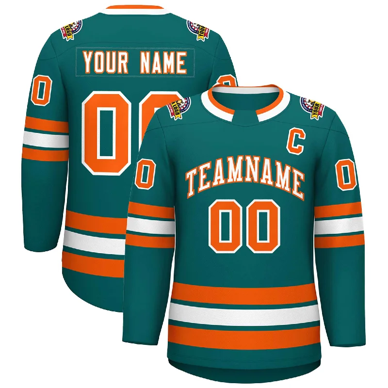 Custom Teal White-Orange Classic Style Hockey Jersey Trendy Men's Oversized