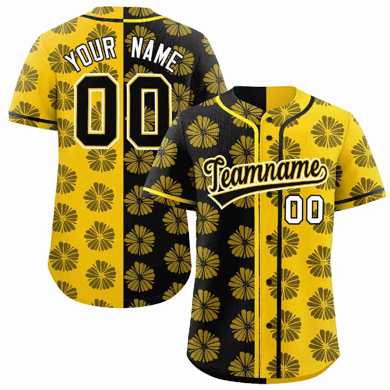 Custom Black Gold Split Fashion Flower Graffiti Pattern Authentic Baseball Jersey Beach