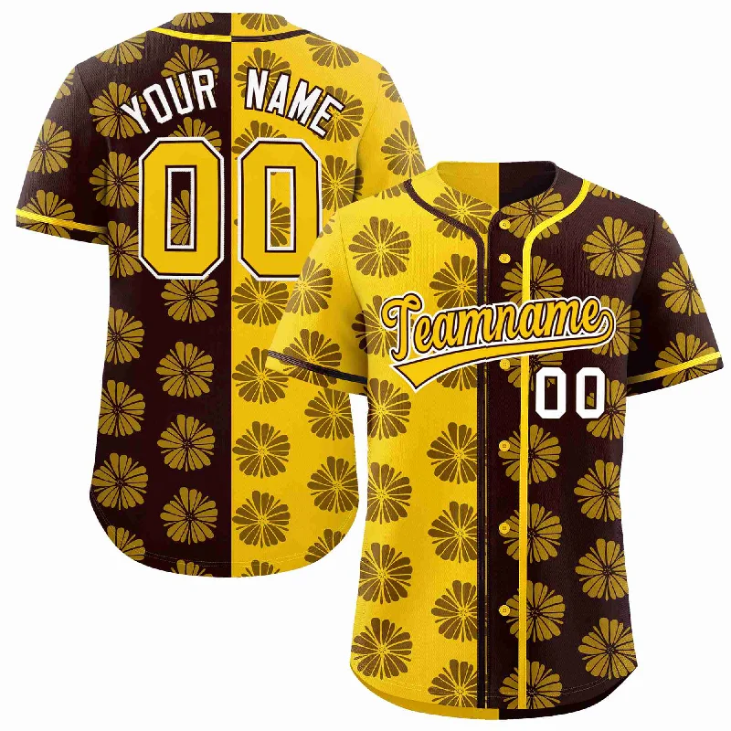 Custom Gold Brown Split Fashion Flower Graffiti Pattern Authentic Baseball Jersey Athletic Men's Compression