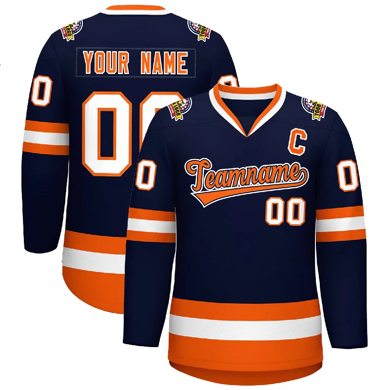 Custom Navy Orange Navy-White Classic Style Hockey Jersey Preppy Men's College