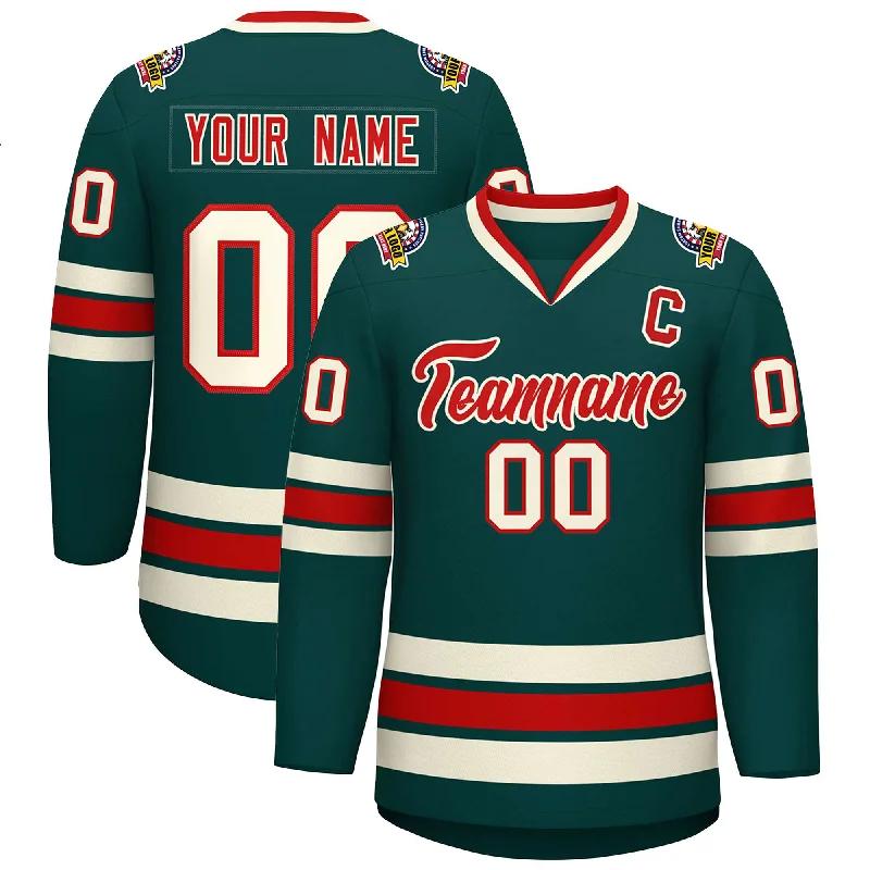 Custom Midnight Green Red-Khaki Classic Style Hockey Jersey Confident Men's Power