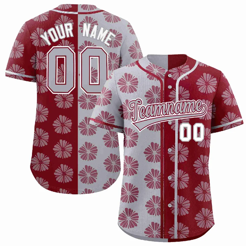 Custom Light Gray Crimson Split Fashion Flower Graffiti Pattern Authentic Baseball Jersey Artistic Men's Hand