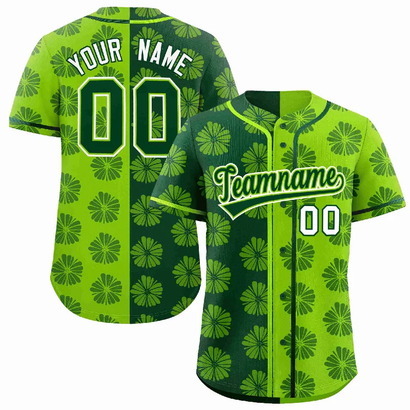 Custom Green Neon Green Split Fashion Flower Graffiti Pattern Authentic Baseball Jersey Tailored