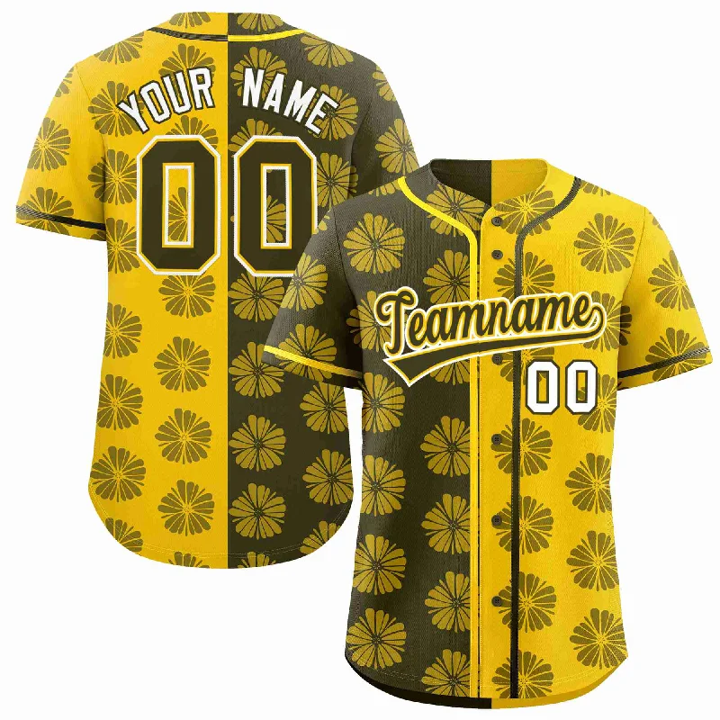 Custom Olive Gold Split Fashion Flower Graffiti Pattern Authentic Baseball Jersey Lumberjack