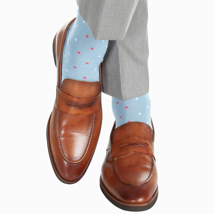 The Shirt Shop Socks - Sky Blue with White and Coral Dot Sophisticated Men's French