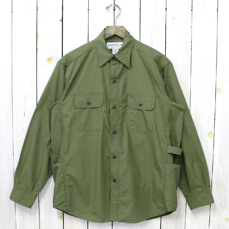 SASSAFRAS『GARDENER SHIRT(SUPIMA TYPEWRITER)』(OLIVE) Masculine Men's 