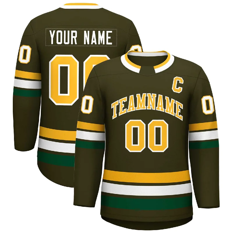 Custom Olive Gold-White Classic Style Hockey Jersey Laid