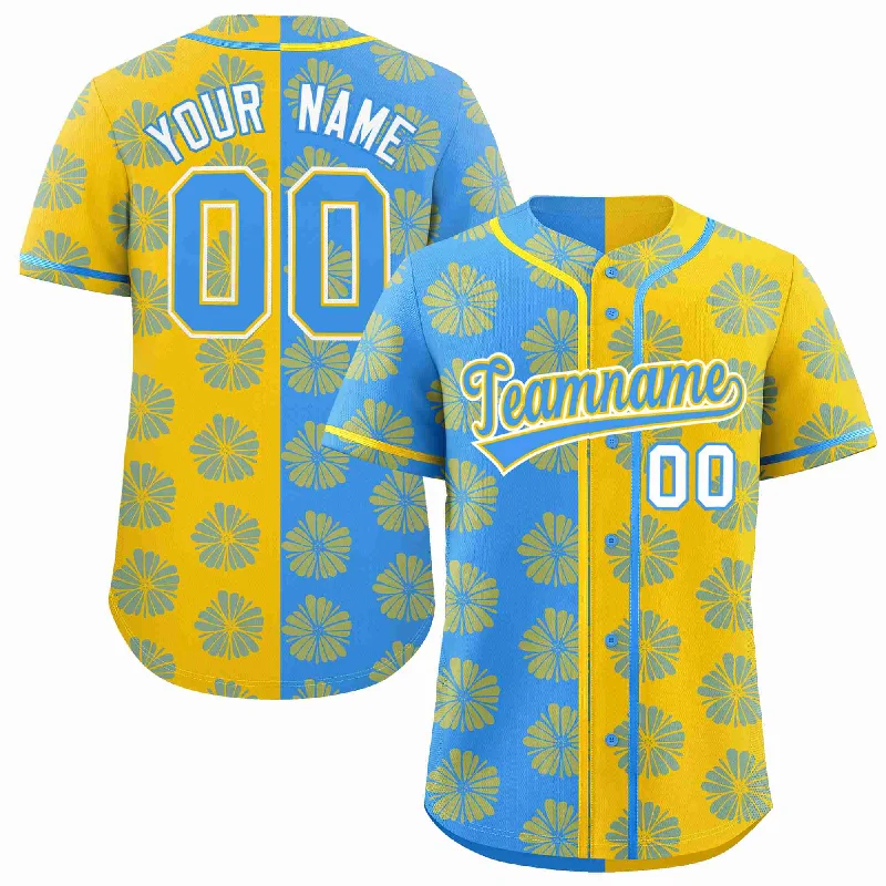 Custom Powder Blue Gold Split Fashion Flower Graffiti Pattern Authentic Baseball Jersey Polished Men's Silk