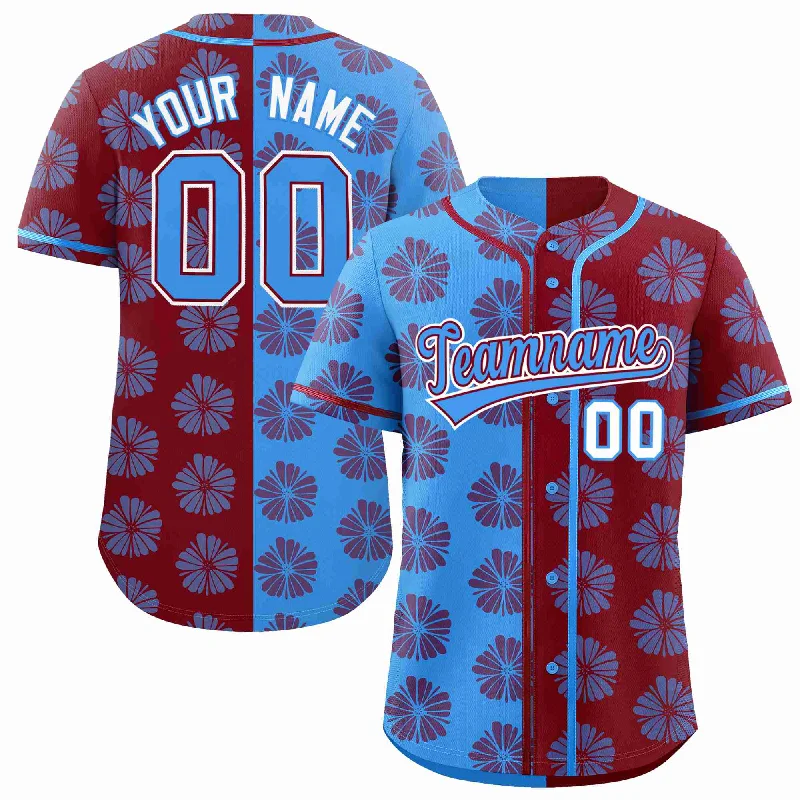 Custom Powder Blue Crimson Split Fashion Flower Graffiti Pattern Authentic Baseball Jersey Unique Men's Upcycled