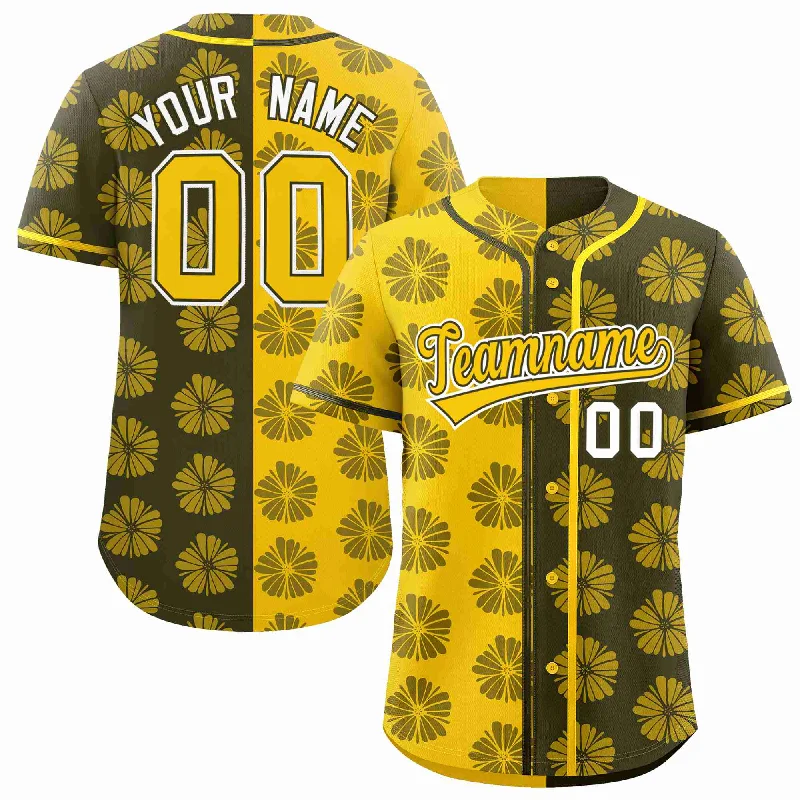 Custom Gold Olive Split Fashion Flower Graffiti Pattern Authentic Baseball Jersey Bold Men's Animal