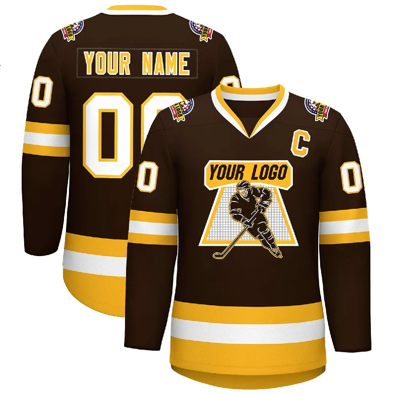 Custom Brown Gold-White Classic Style Hockey Jersey Traditional Men's Wool