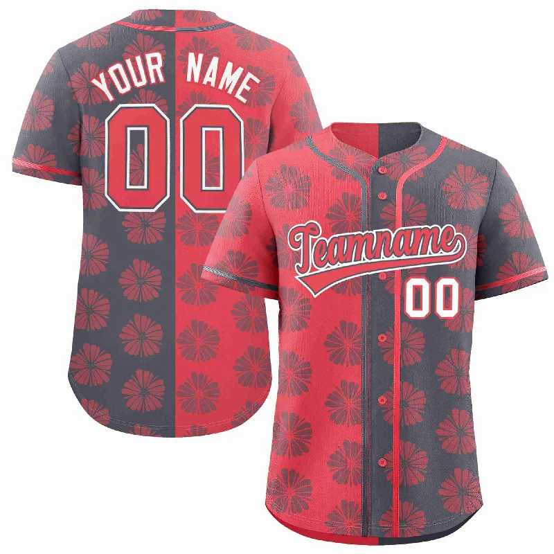 Custom Light Red Dark Gray Split Fashion Flower Graffiti Pattern Authentic Baseball Jersey Earthy Men's Sustainable 