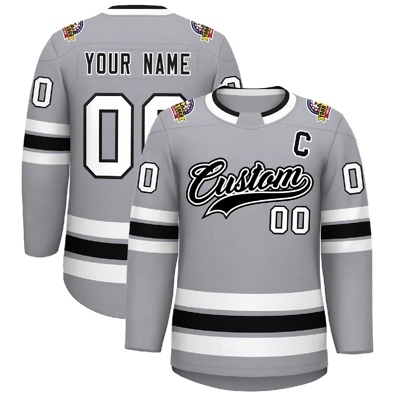 Custom Gray Black White-Black Classic Style Hockey Jersey Polished Men's Satin