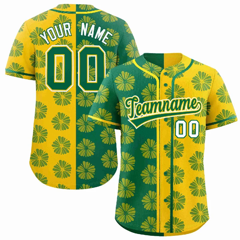 Custom Kelly Green Gold Split Fashion Flower Graffiti Pattern Authentic Baseball Jersey Street