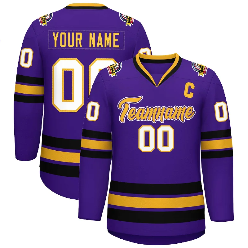 Custom Purple Gold Purple-White Classic Style Hockey Jersey Vacation