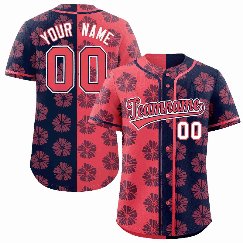 Custom Light Red Navy Split Fashion Flower Graffiti Pattern Authentic Baseball Jersey Organic