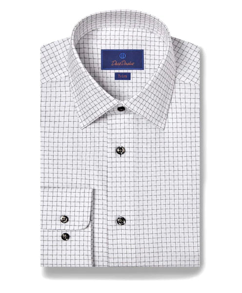 David Donahue White & Black Grid Check Dress Shirt (Trim Fit) Elegant Men's Cashmere