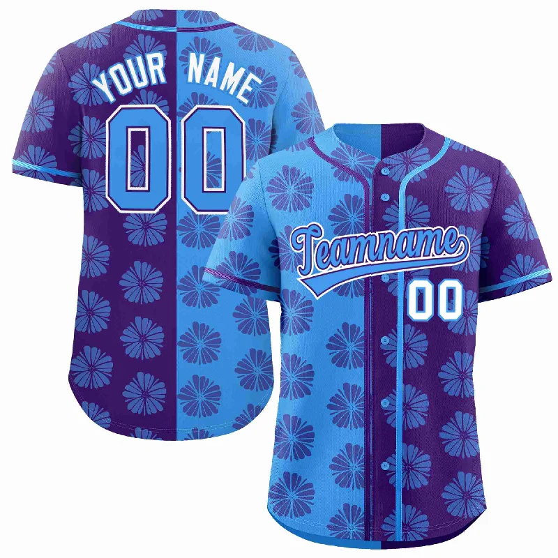 Custom Powder Blue Purple Split Fashion Flower Graffiti Pattern Authentic Baseball Jersey Organic