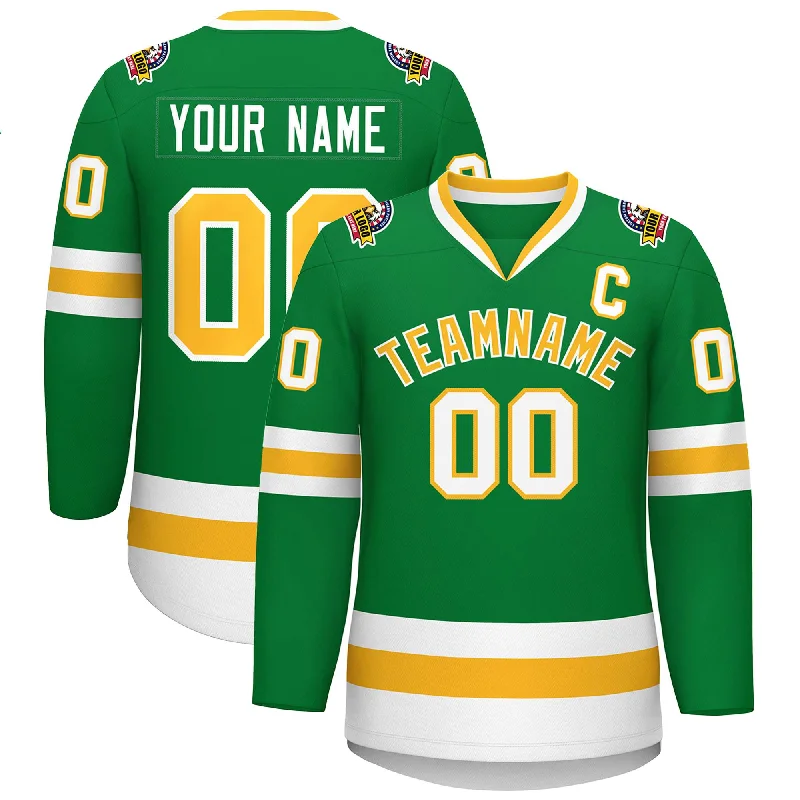 Custom Kelly Green Gold-White Classic Style Hockey Jersey Monochromatic Office Style