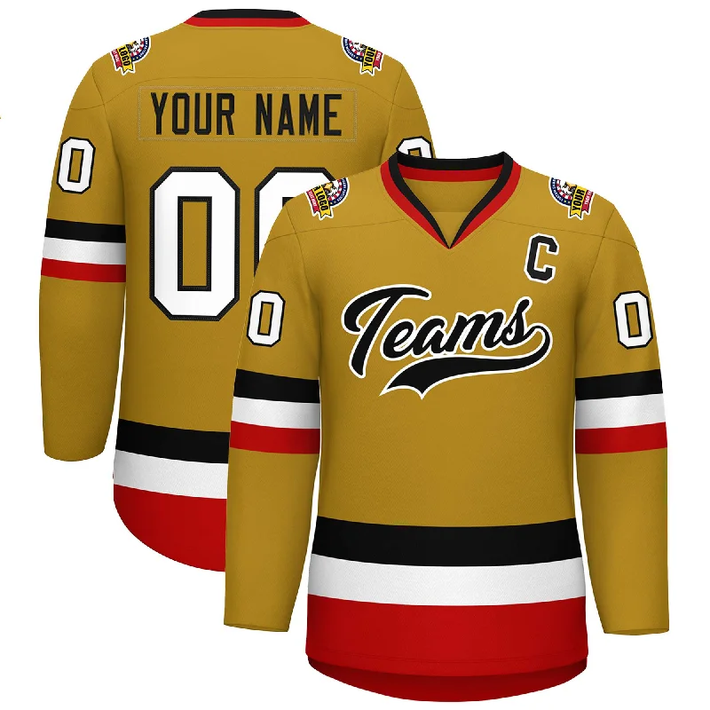 Custom Old Gold Black-White Classic Style Hockey Jersey Laid