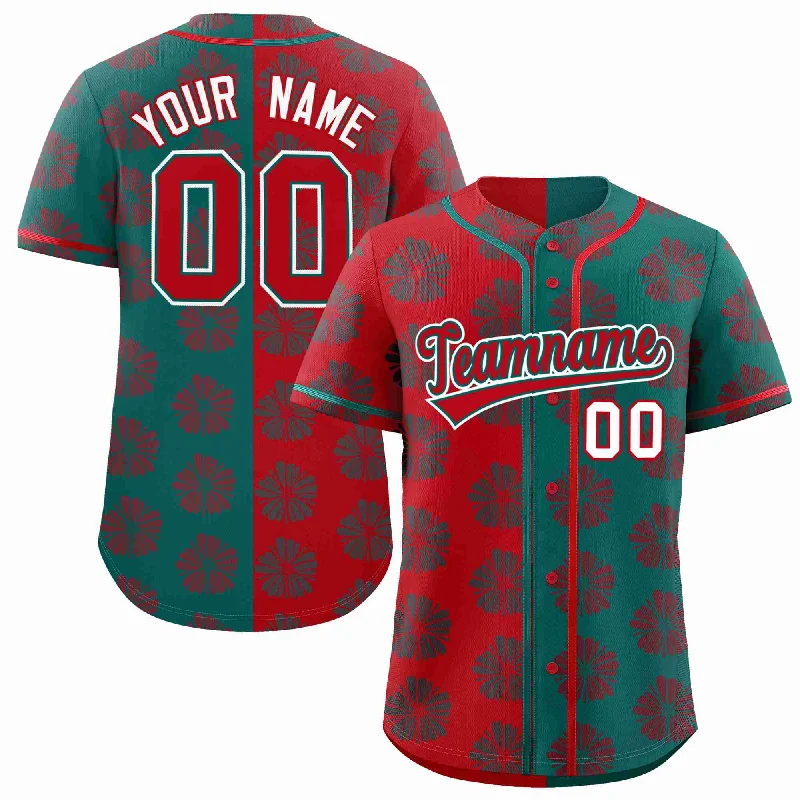 Custom Red Aqua Split Fashion Flower Graffiti Pattern Authentic Baseball Jersey Adventure