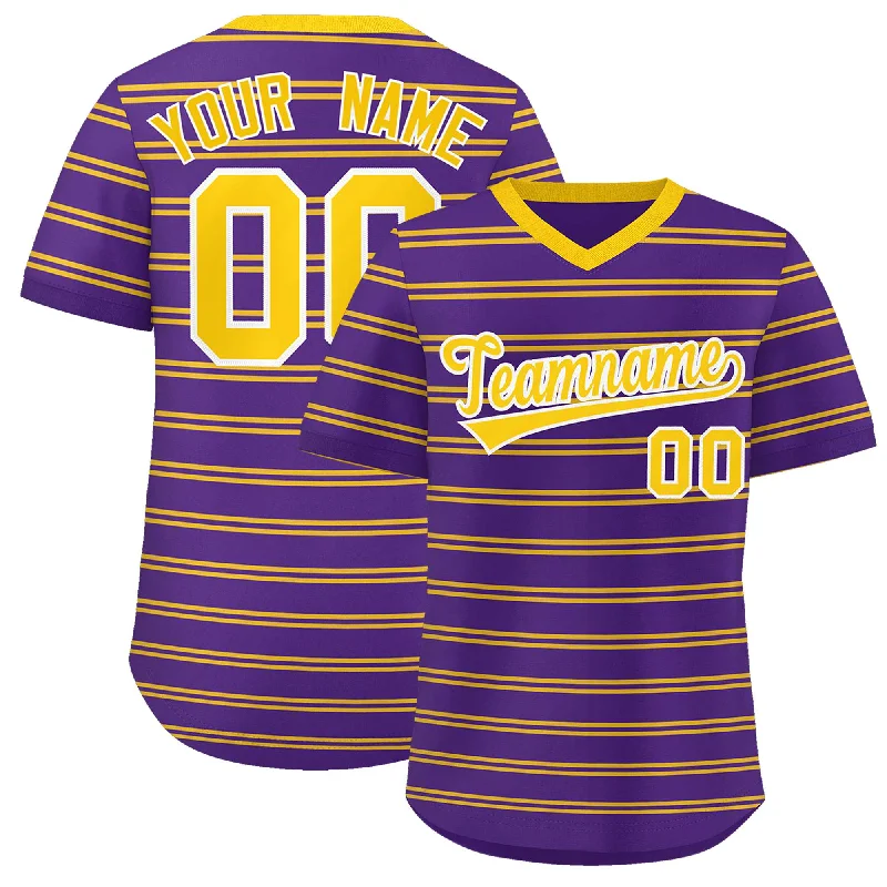 Custom Purple Gold Personalized Horizontal Stripe Authentic Pullover Baseball Jersey Modern Men's Geometric