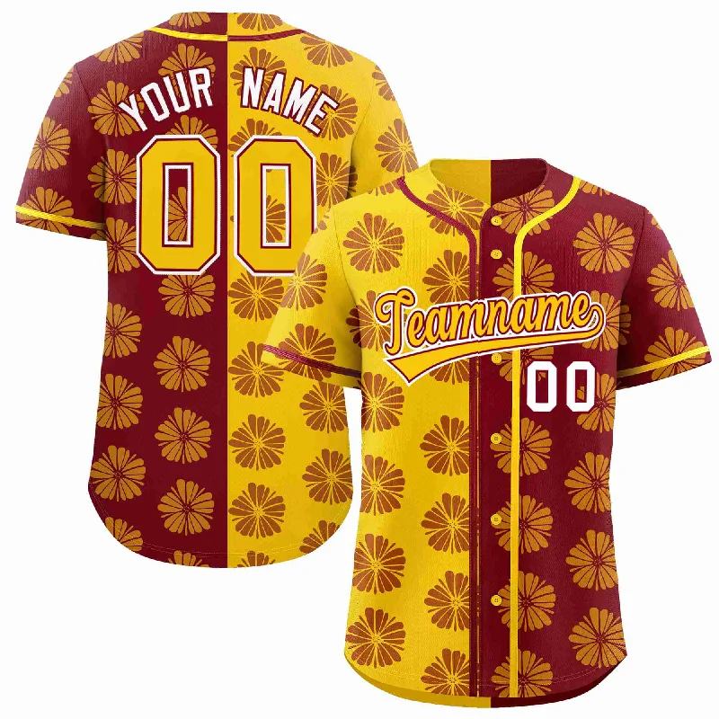 Custom Gold Crimson Split Fashion Flower Graffiti Pattern Authentic Baseball Jersey Sleek Men's Metallic