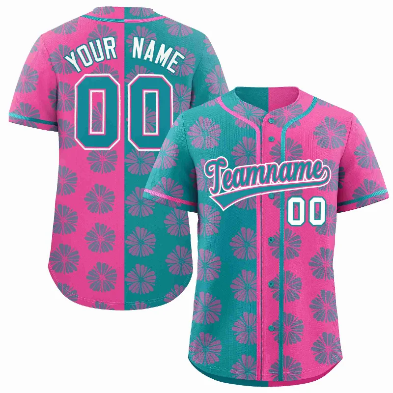 Custom Aqua Pink Split Fashion Flower Graffiti Pattern Authentic Baseball Jersey Modern Men's 