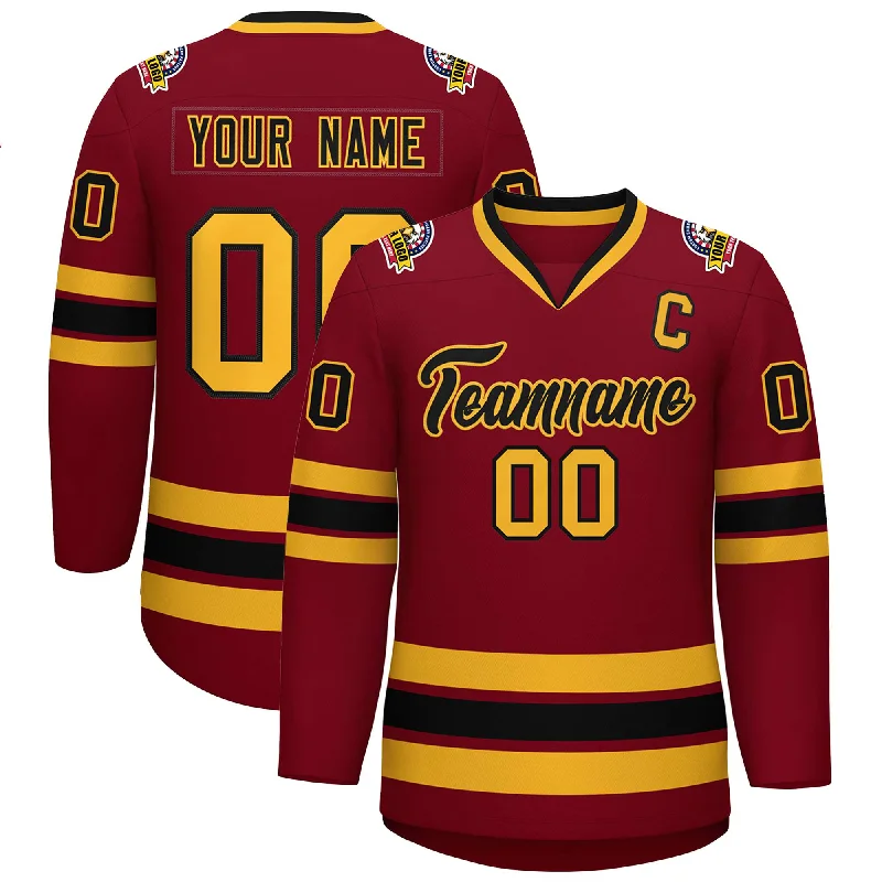 Custom Crimson Black-Gold Classic Style Hockey Jersey Monochromatic Office Style