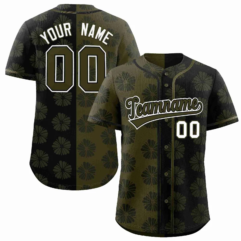 Custom Olive Black Split Fashion Flower Graffiti Pattern Authentic Baseball Jersey Trendy Men's Scandinavian