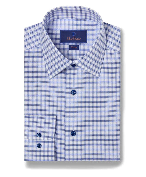 David Donahue Blue & White Herringbone Check Dress Shirt (Trim Fit) Refined Men's Velvet