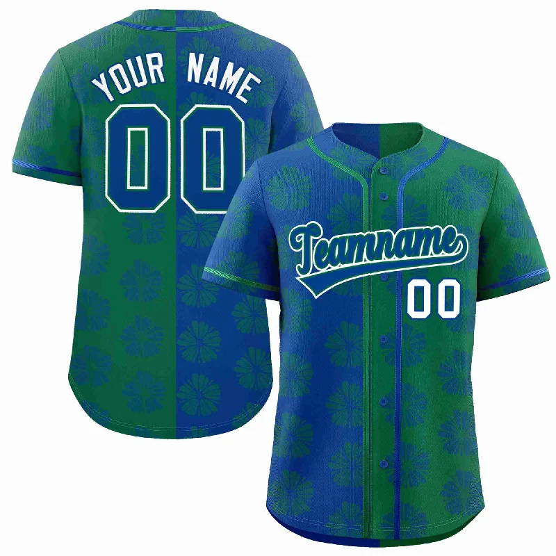 Custom Royal Kelly Green Split Fashion Flower Graffiti Pattern Authentic Baseball Jersey Cozy Men's Winter