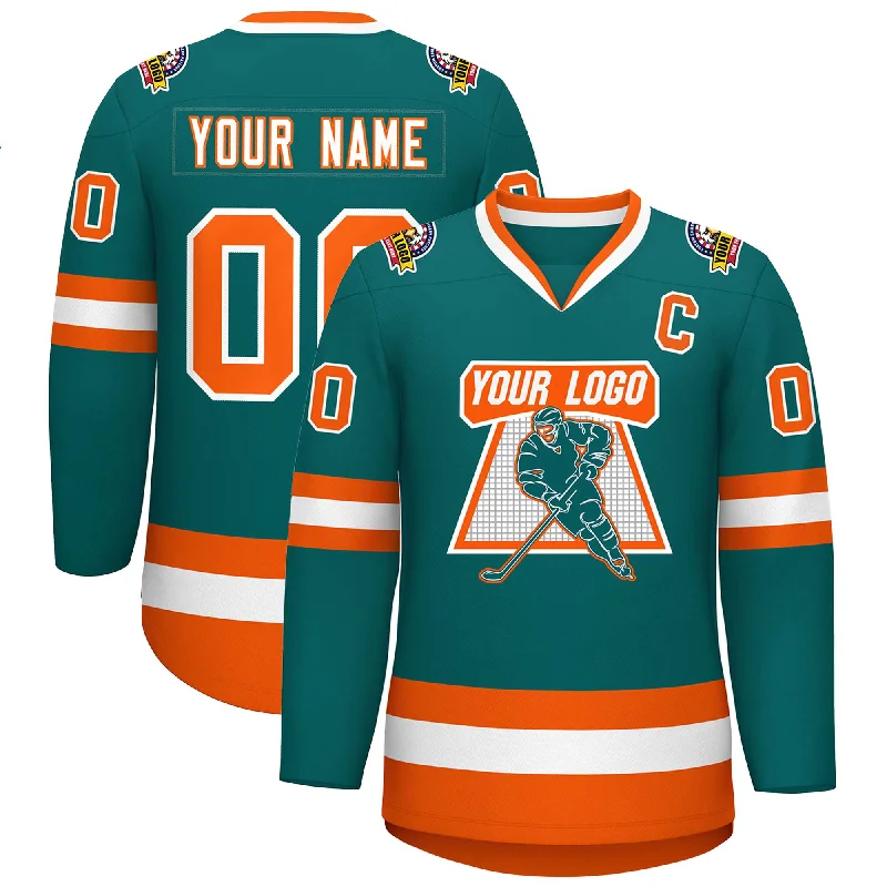 Custom Teal White-Orange Classic Style Hockey Jersey Polished Men's Silk