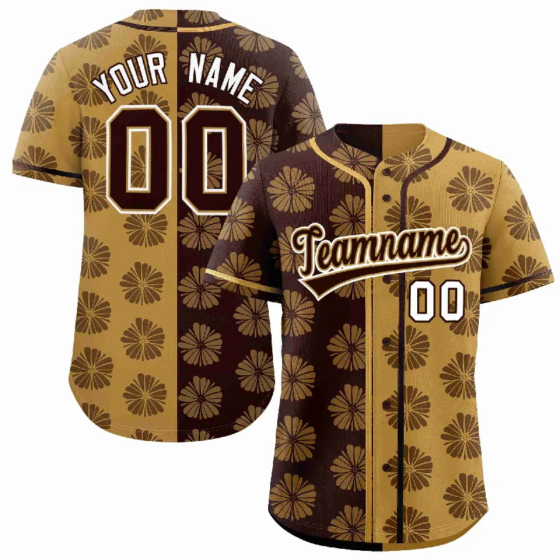 Custom Brown Old Gold Split Fashion Flower Graffiti Pattern Authentic Baseball Jersey Hip Men's Retro