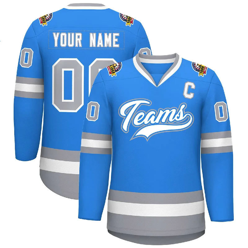 Custom Powder Blue White Powder Blue-Gray Classic Style Hockey Jersey Vacation