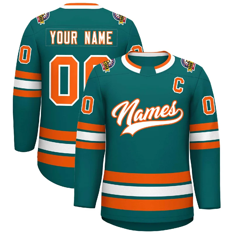 Custom Teal White-Orange Classic Style Hockey Jersey Elegant Men's Cashmere