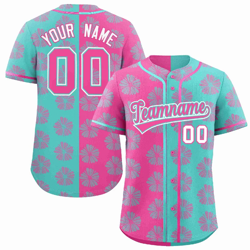 Custom Pink Aqua Split Fashion Flower Graffiti Pattern Authentic Baseball Jersey Refined Men's Hand