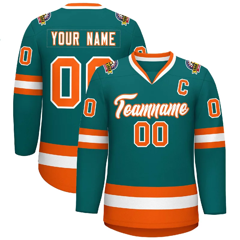 Custom Teal White-Orange Classic Style Hockey Jersey Traditional Men's Wool