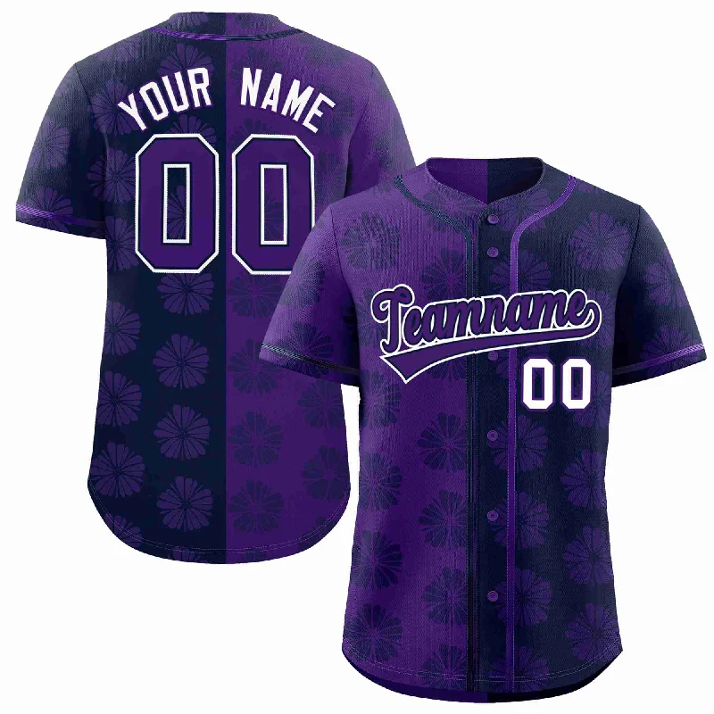 Custom Purple Navy Split Fashion Flower Graffiti Pattern Authentic Baseball Jersey Casual Men's Short